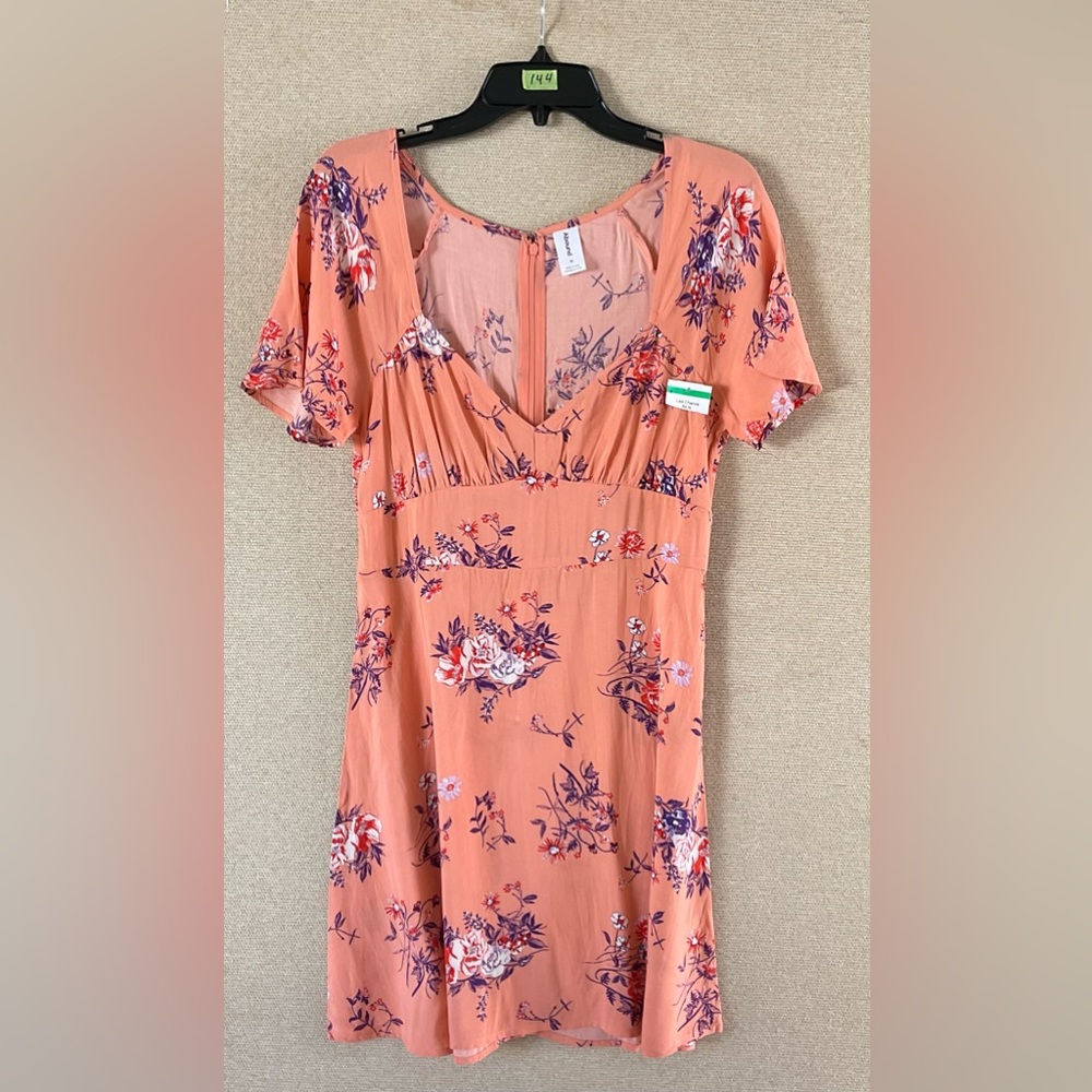 🌾 ⭐️ ABOUND Mini Dress Short Sleeve Skater V Neck Pink Coral Floral BOHO